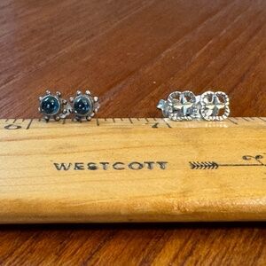 Two pairs of tiny earrings - 1 silver and one blue glass